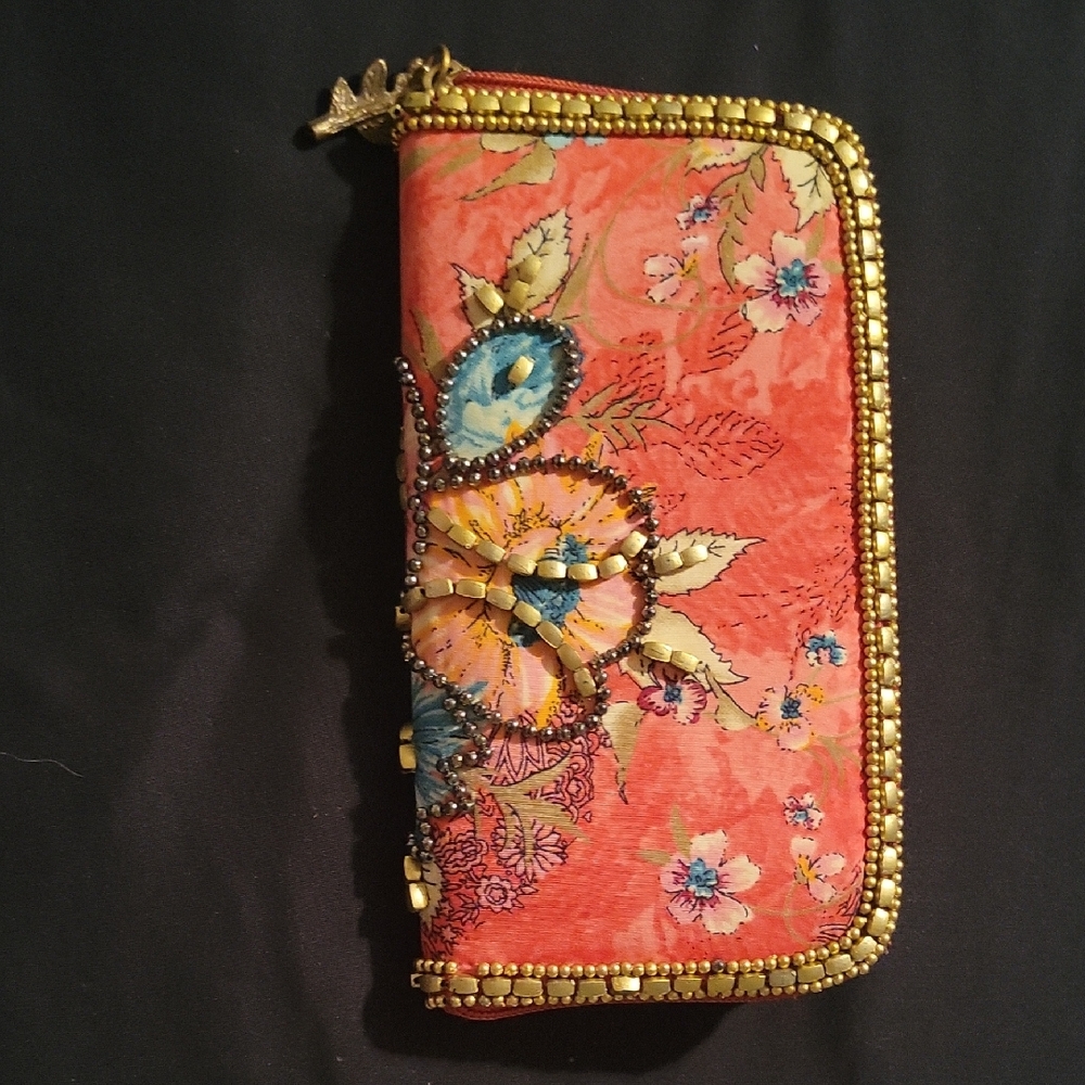 Pier 1 Orange Floral Embroidered Wallet